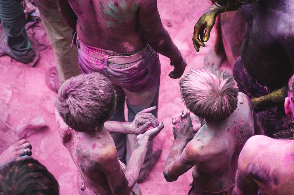 Two Boys Covered In Colors At Holi Festival In Pushkar India