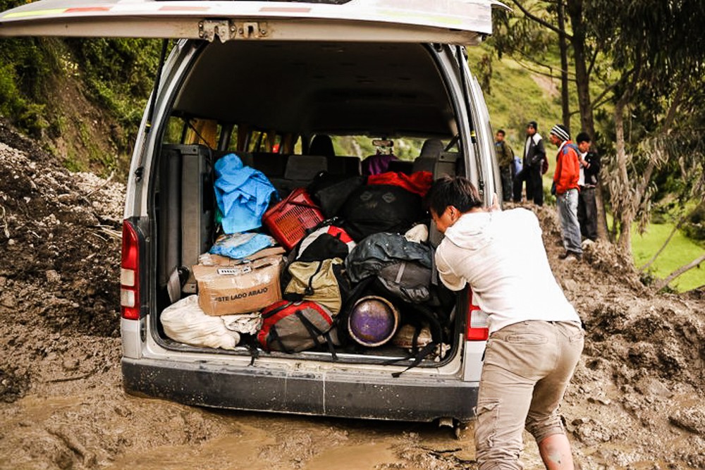 Pushing Van Out Of Mudslide in Peru