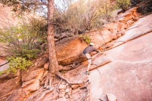 Climbing Out Of Yankee Doodle Canyon On Slick Slabs