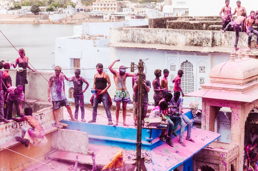 Locals and Tourists Dancing On Roof During Holi In Pushkar India