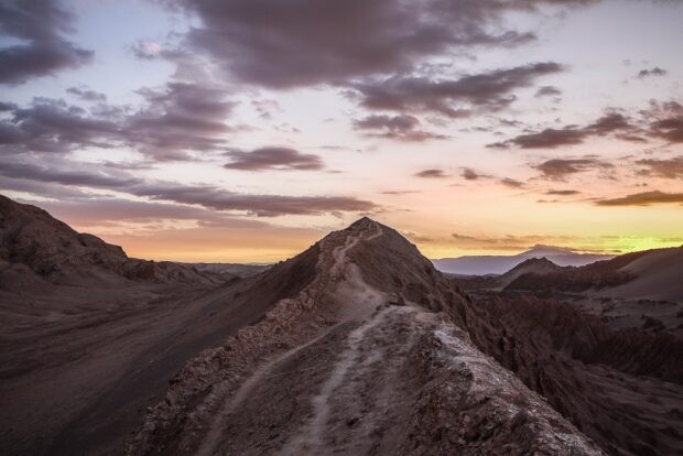 Sunset on ridge crest of Valle de la Luna In Chile