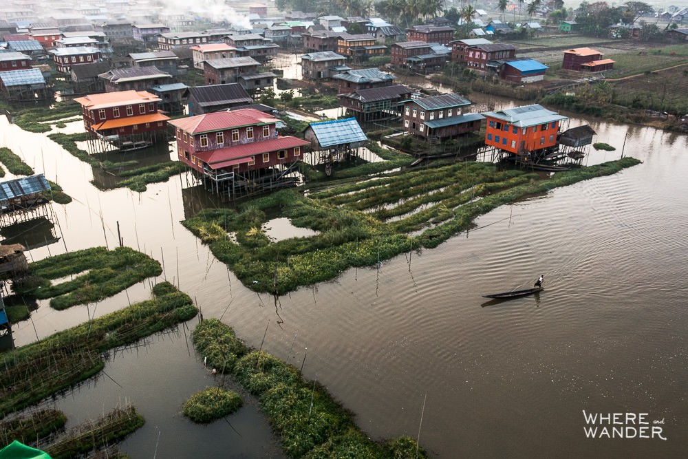 Aerial View Of Inle Lake and Fisherman From Hot Air Balloon
