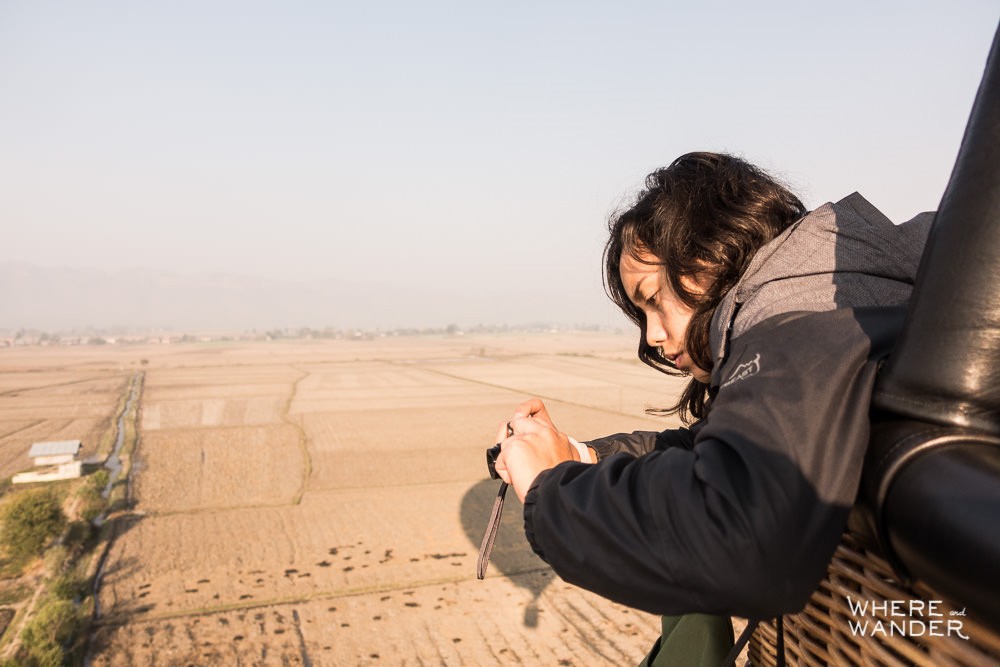 Girl Taking Photograph From Hot Air Balloon Over Myanmar