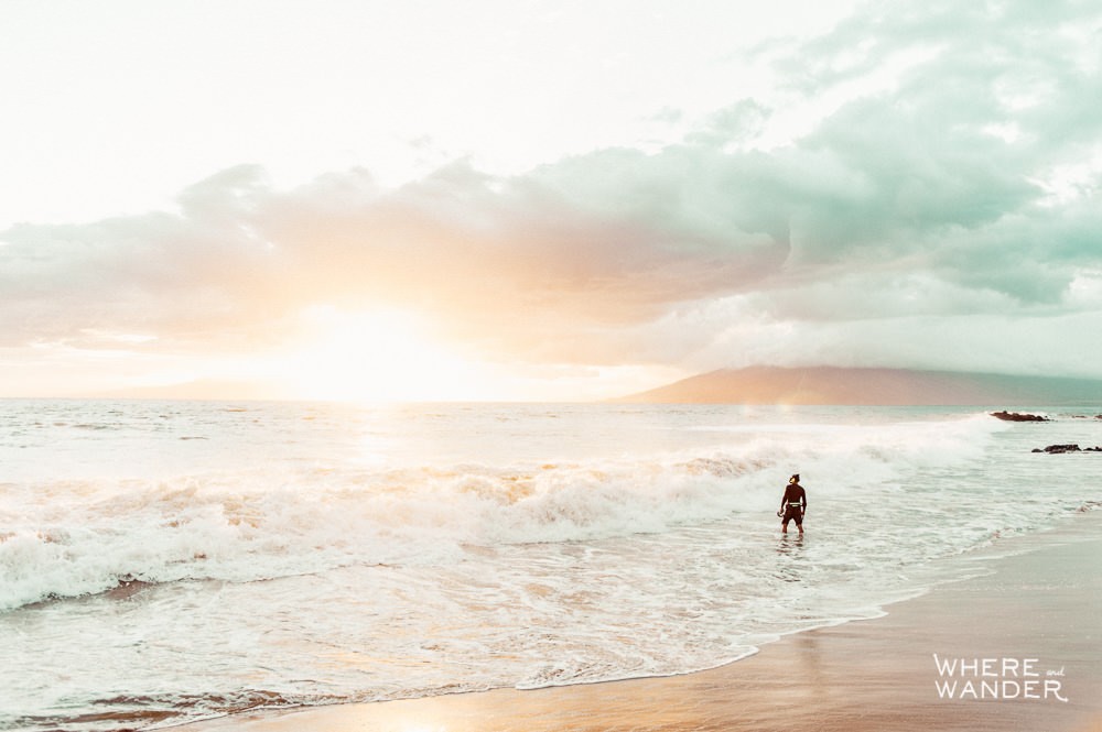 Diver On The Beach At Sunset In Maui