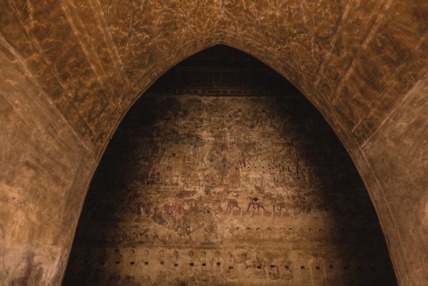 Intricate temple paintings in Bagan, Myanmar