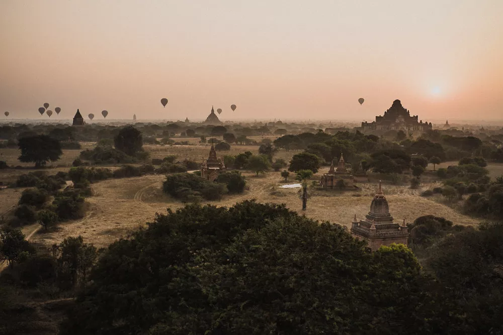 Hot Air Balloons flying over pagodas in Bagan