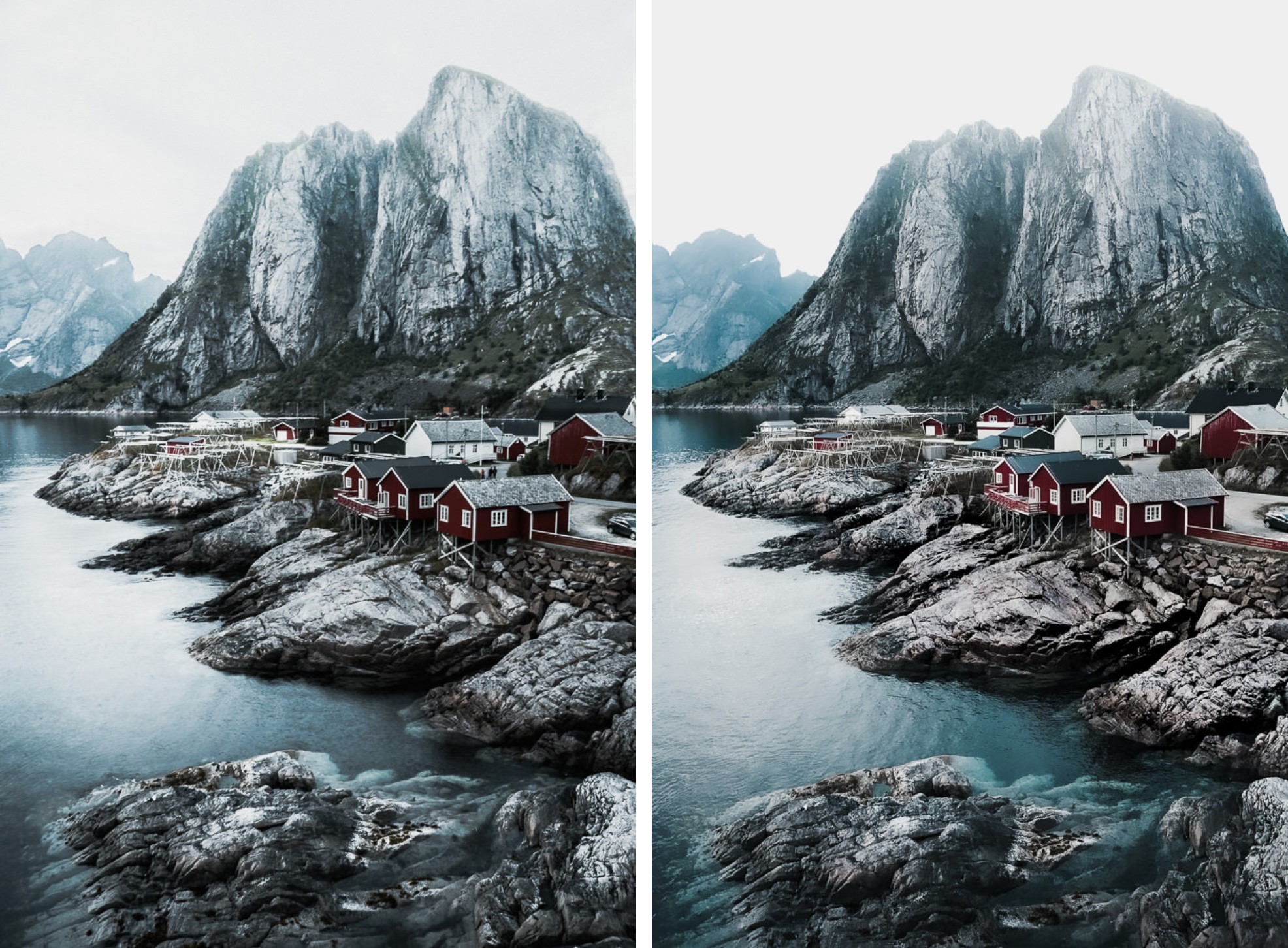 Side by side images of lofoten islands taken with iPhone 7 and Sony A7sII