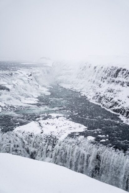 Gulfoss Waterfall covered in snow in the winter.