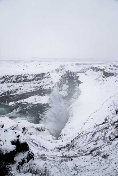 Gulfoss Waterfall covered in snow in the winter.