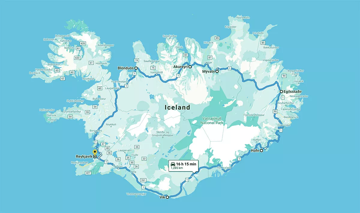 Iceland Winter Ring Road Map