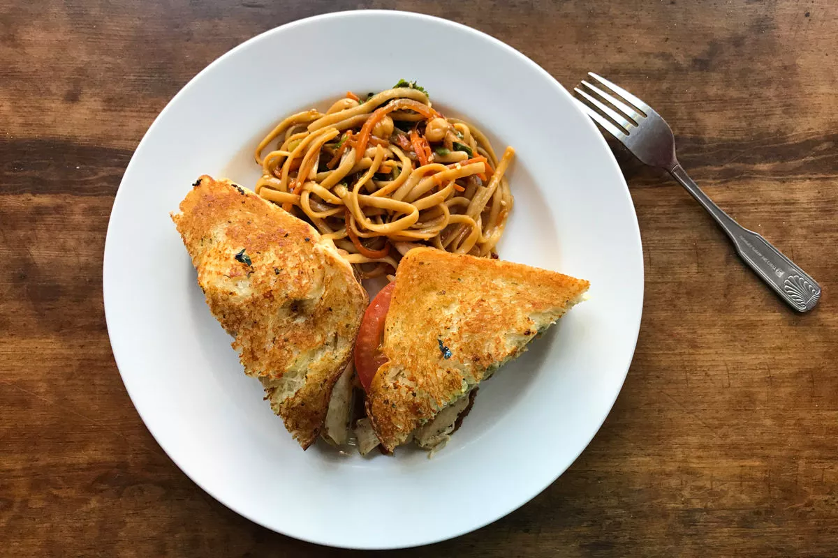 Pastrami Sandwich and Asian Pasta from Ruben's Deli Sayulita