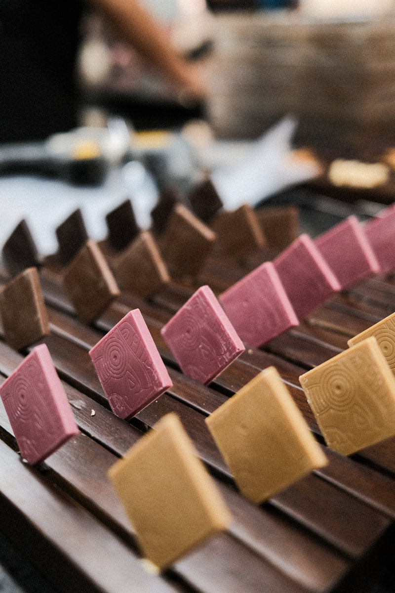 Different colored chocolate tasting squares