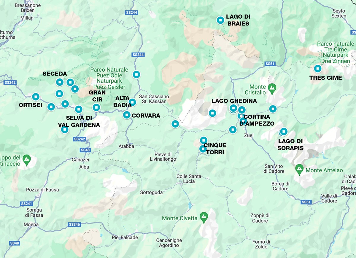 Map of the best spots and locations in the Dolomites