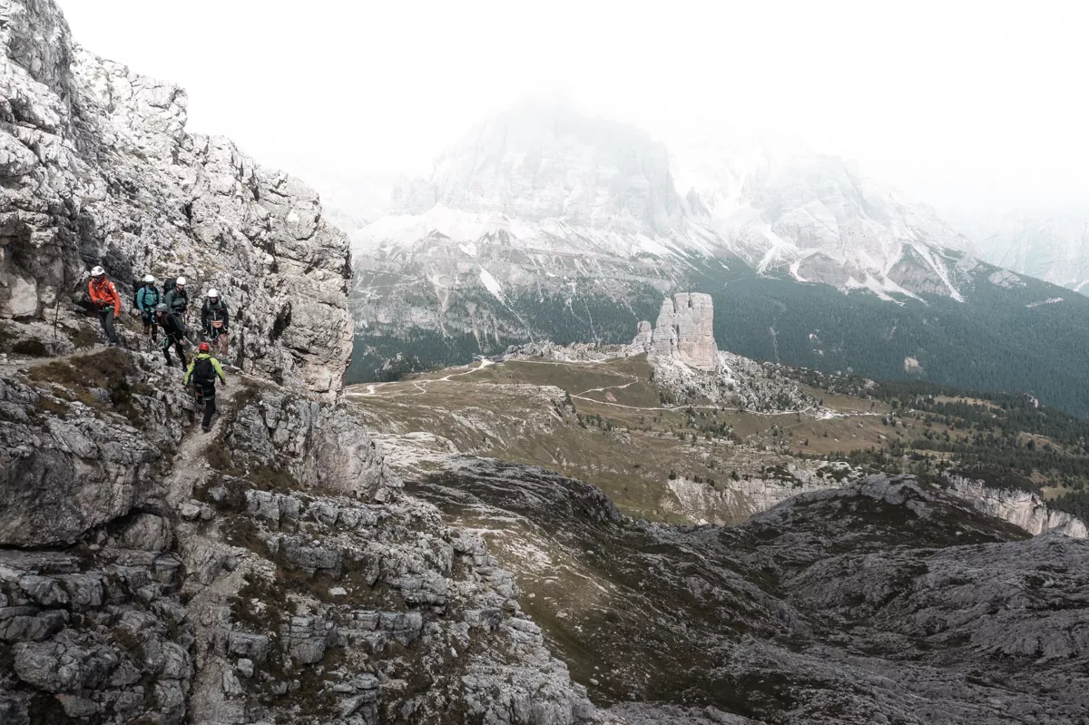 Drone view of Via Ferrata climbers heading to Rifugio Nuvolau