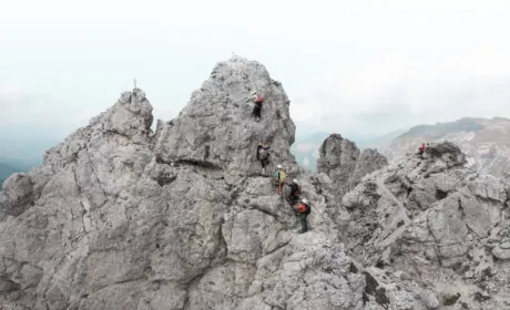 Drone view of climbers near summit of Piccola Cir