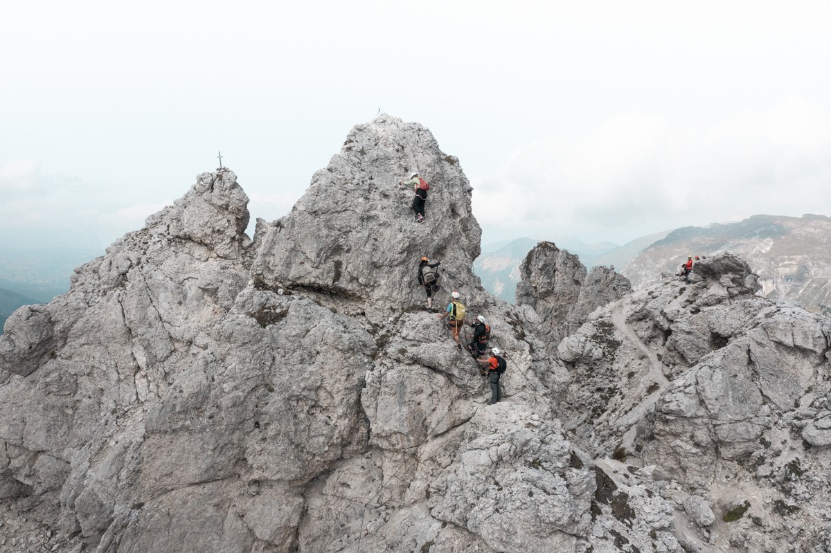 Drone view of climbers near summit of Piccola Cir