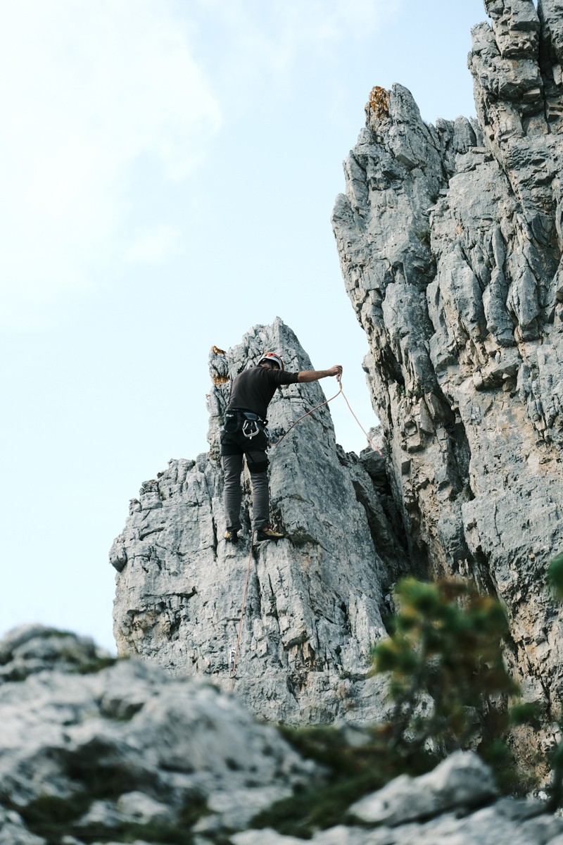 Rock climber leading at Cinque Torri