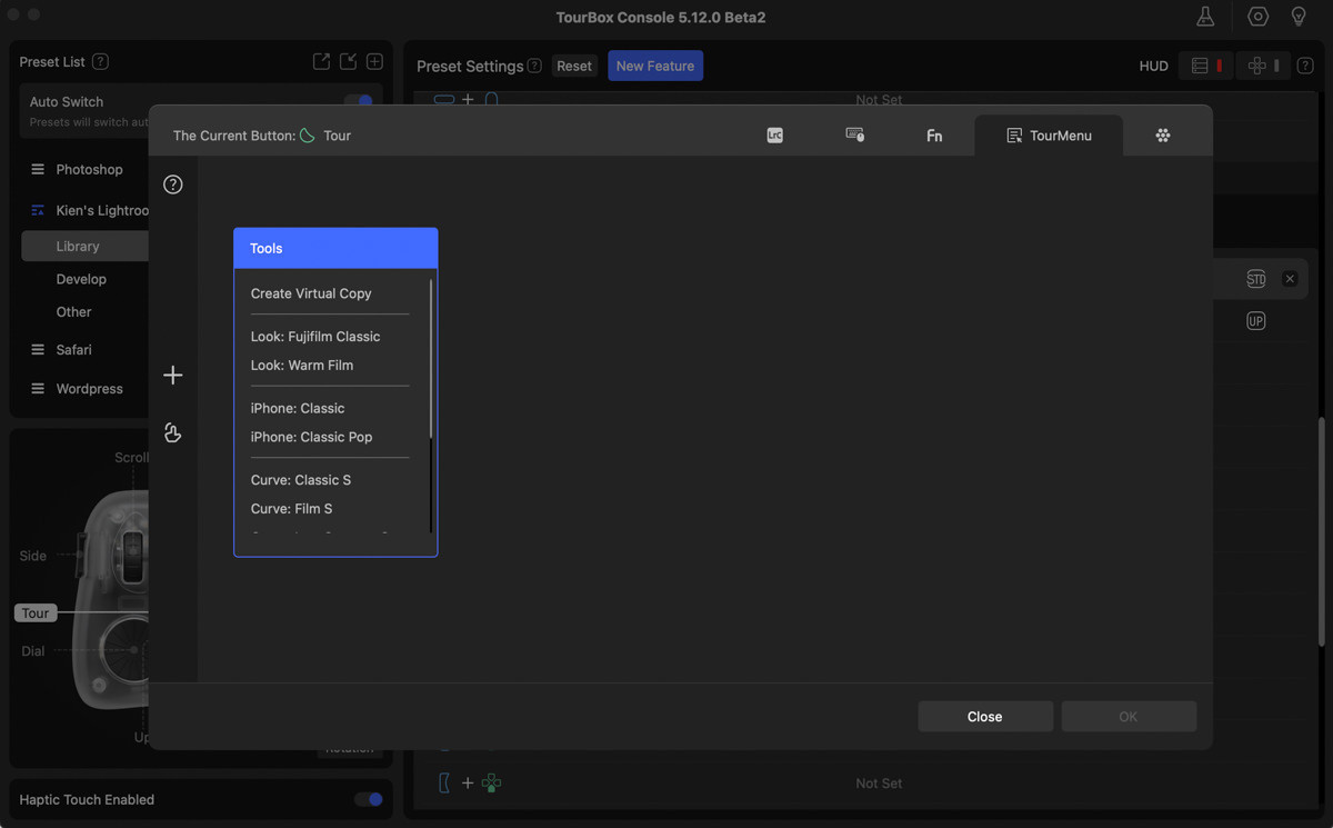 TourBox Console Adobe Lightroom Develop. Preset dropdown TourMenu