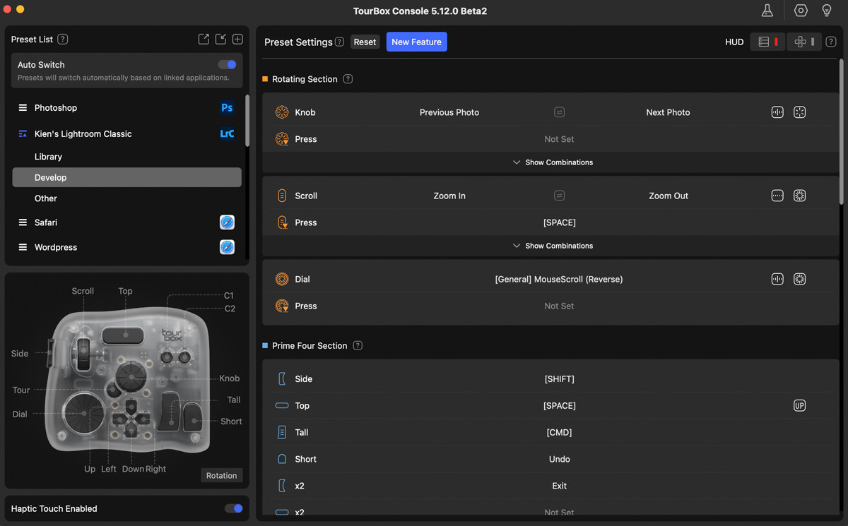 TourBox Console Adobe Lightroom Develop Sub-Preset