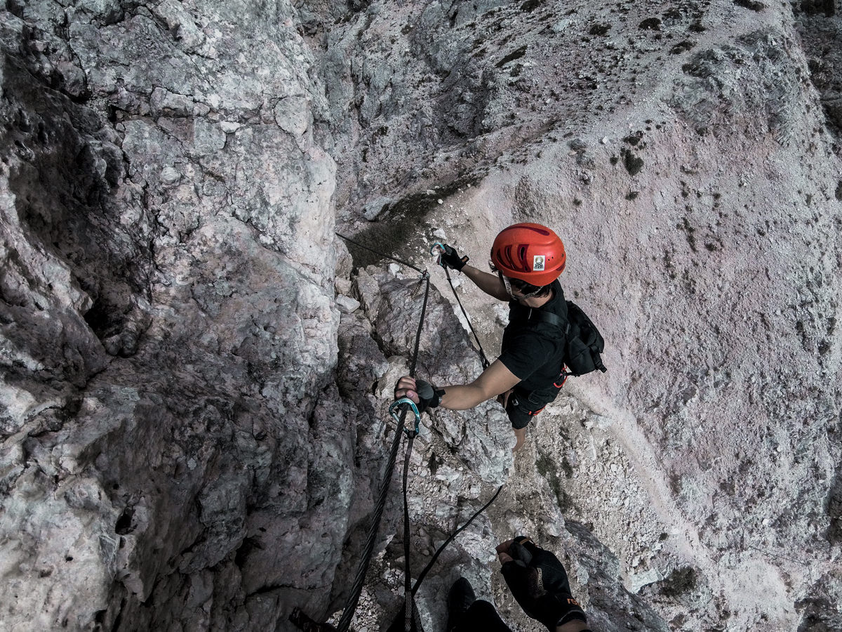 Climber doing a Via Ferrata route on Piccola Cir shot on GoPro