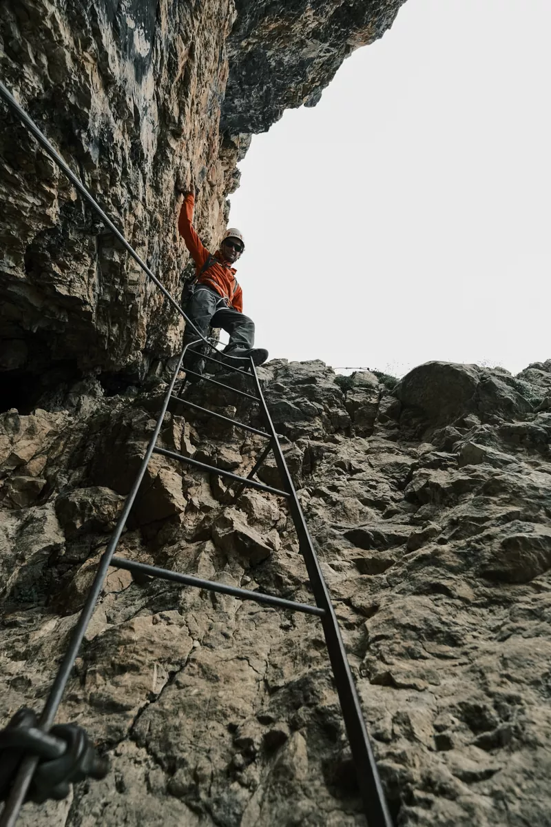 Metal ladder on Via Ferrata route to Nuvolau and Ra Gusela Dolomites shot on Fujifilm X-T4