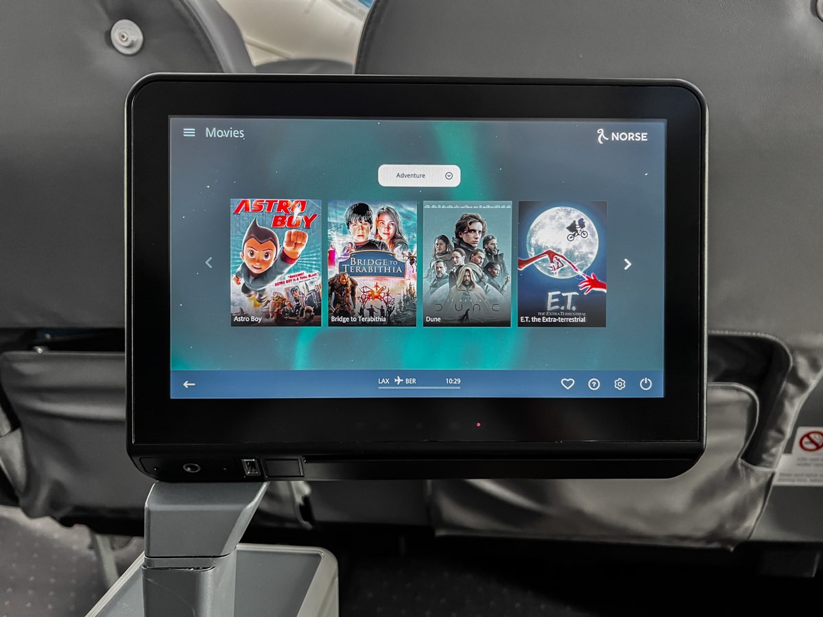 Premium class entertainment unit movie offerings on Norse Air Boeing 787-9 Los Angeles to Berlin