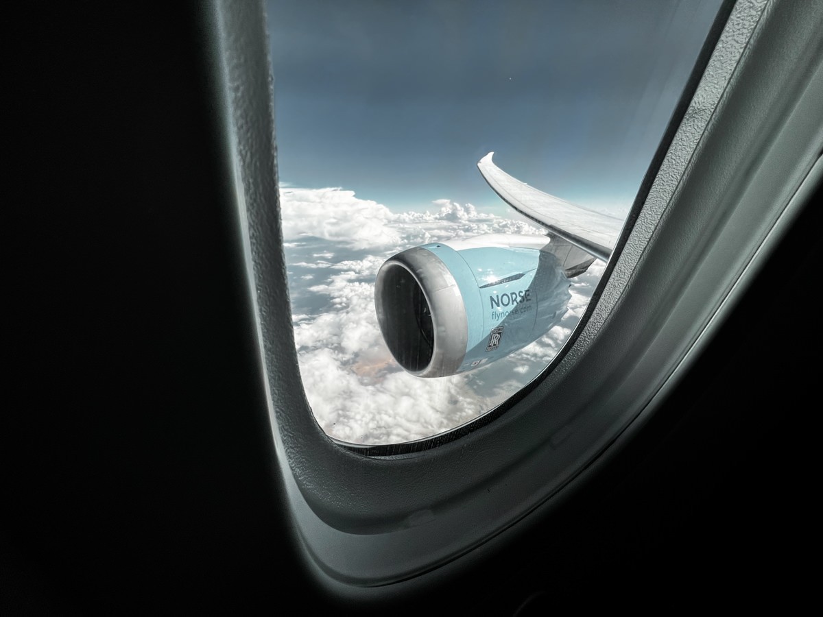 View of turbine engine on Norse Air Boeing 787-9 Los Angeles to Berlin