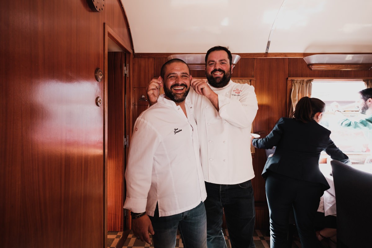 chef diogo rocha and cesar geadas being playful on the presidential train September 11, 2022.