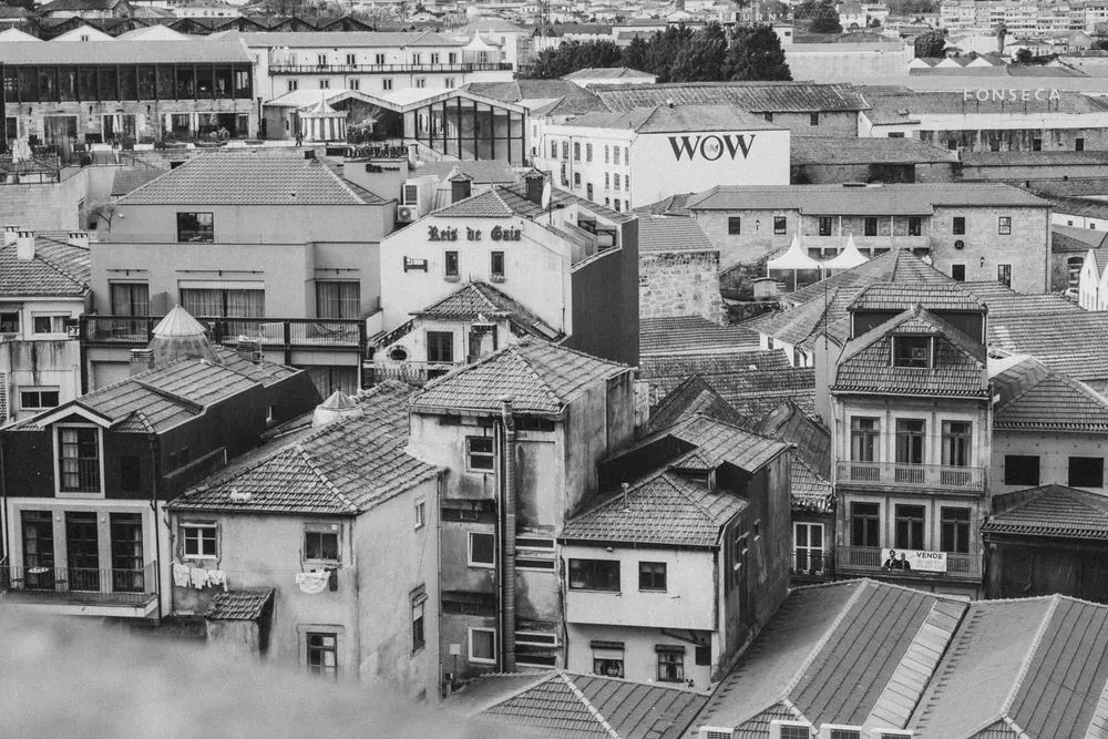 black and white image of wow porto with terracotta rooftops