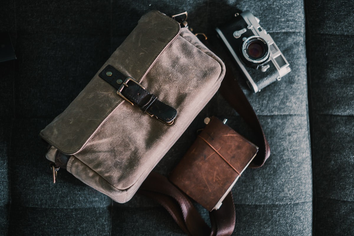 Ona Bowery Waxed Canvas Field Tax Review with Midori Notebook and Leica M2