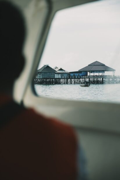 View of guest lodges upon arrival to Mabul Island