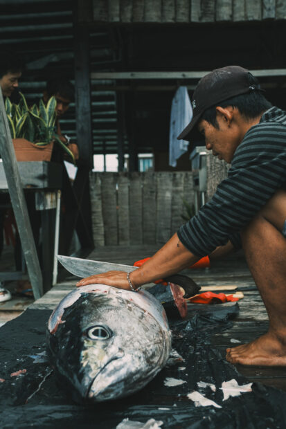 Man butchering a freshly caught tuna on Mabul Island