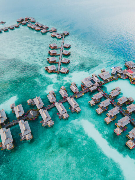 Drone view of Mabul Island water bungalows resort