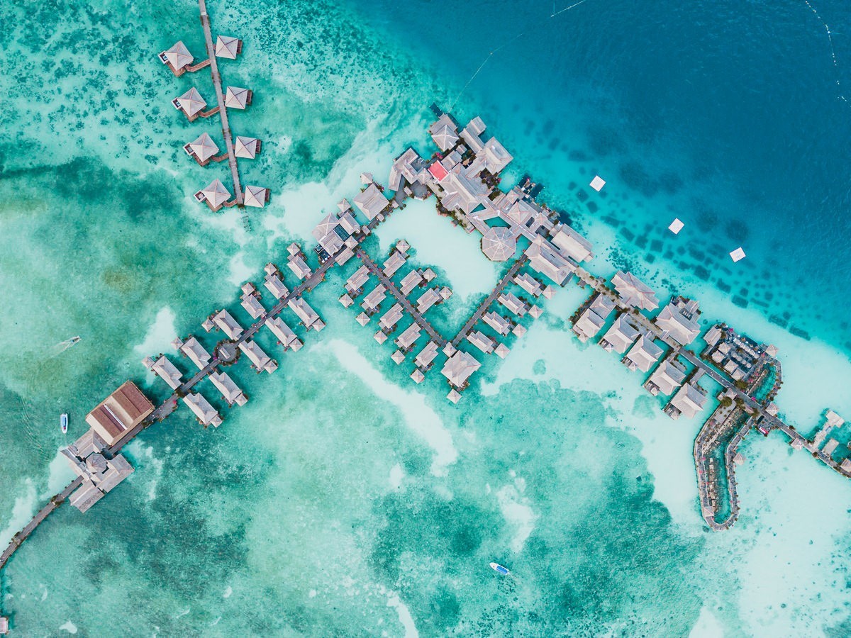 Drone view of Mabul Island water bungalows resort
