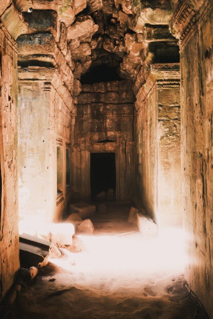 Light flooding into corridor at Ta Prohm in Angkor