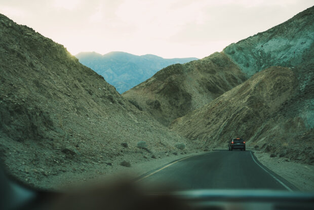 Driving Artist's Palette at sunset in Death Valley