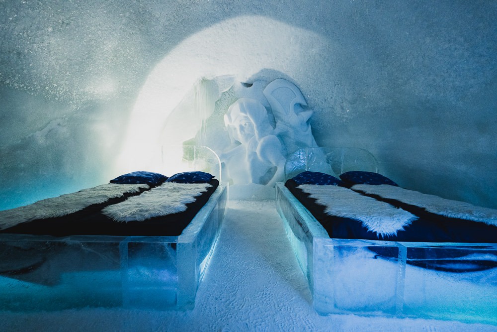 Inside Kirkenes snowhotel beds in Norway