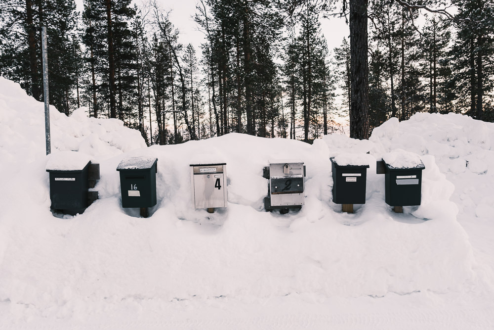 Snow covered mailboxes in Saariselka Lapland