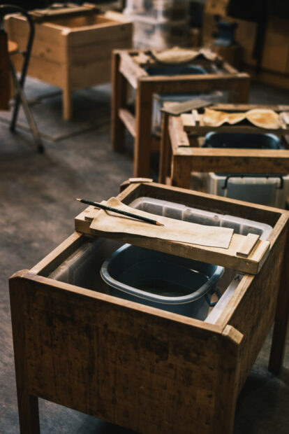 Knife sharpening station at Kameoka Natural Whetstone Museum