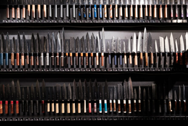 Large selection of different types of Japanese knives in Kyoto