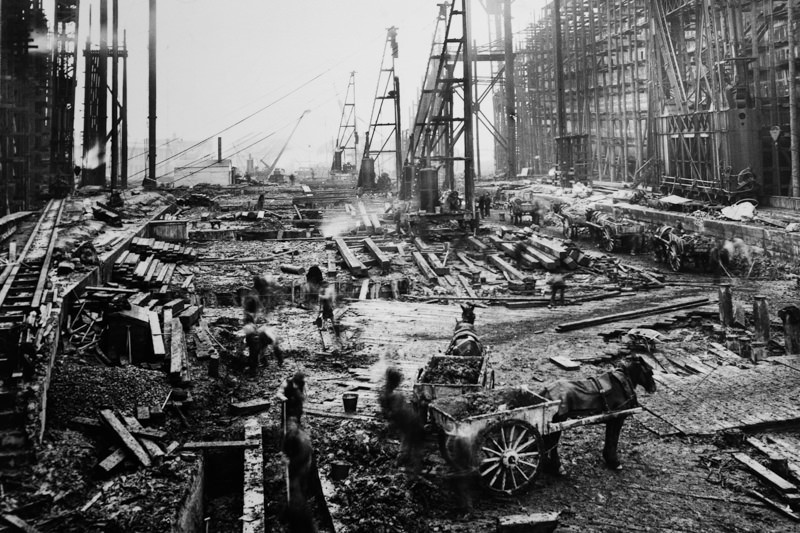 Historical photograph showing the conversion of the slipways before the construction of the Arrol Gantry