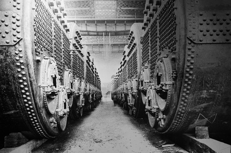 Historical photograph showing the boiler room of the Titanic