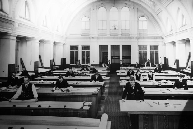 Historical photograph showing drawing room 2 of the Harland and Wolff offices.