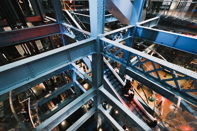 Metal scaffolding open floors and escalators at Guinness Storehouse