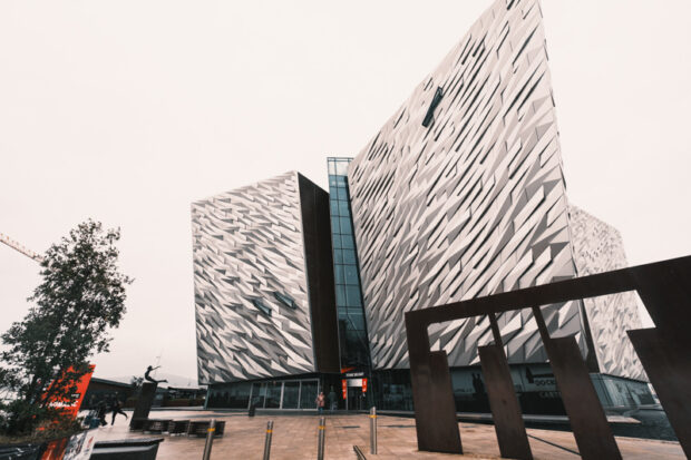 Outside of Titanic Belfast building meant to look like a ship's hull cutting through the water