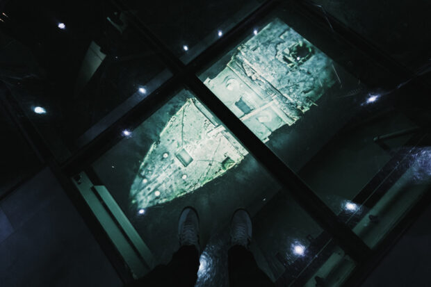 Projected footage of the Titanic wreck underwater