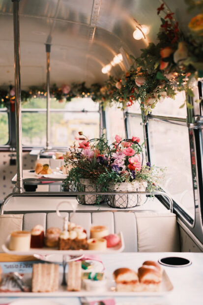Floral and pastel arrangements on Vintage Afternoon Tea Bus Tour in Dublin