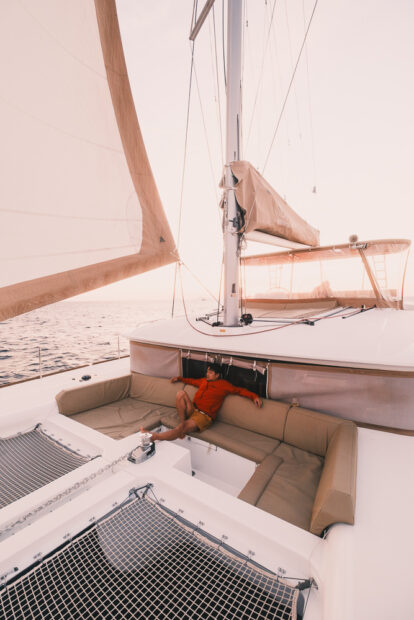 Watching sunset from Lagoon 450 Catamaran in Santorini