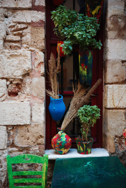 Flowers in front of a boutique shop in Chania