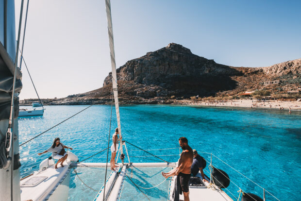 Guests on Lagoon 450F Catamaran at Gramvousa Island